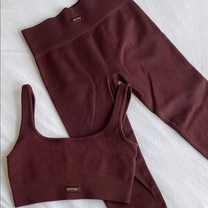 Brown Ribbed Sports Bra and Leggings Set
